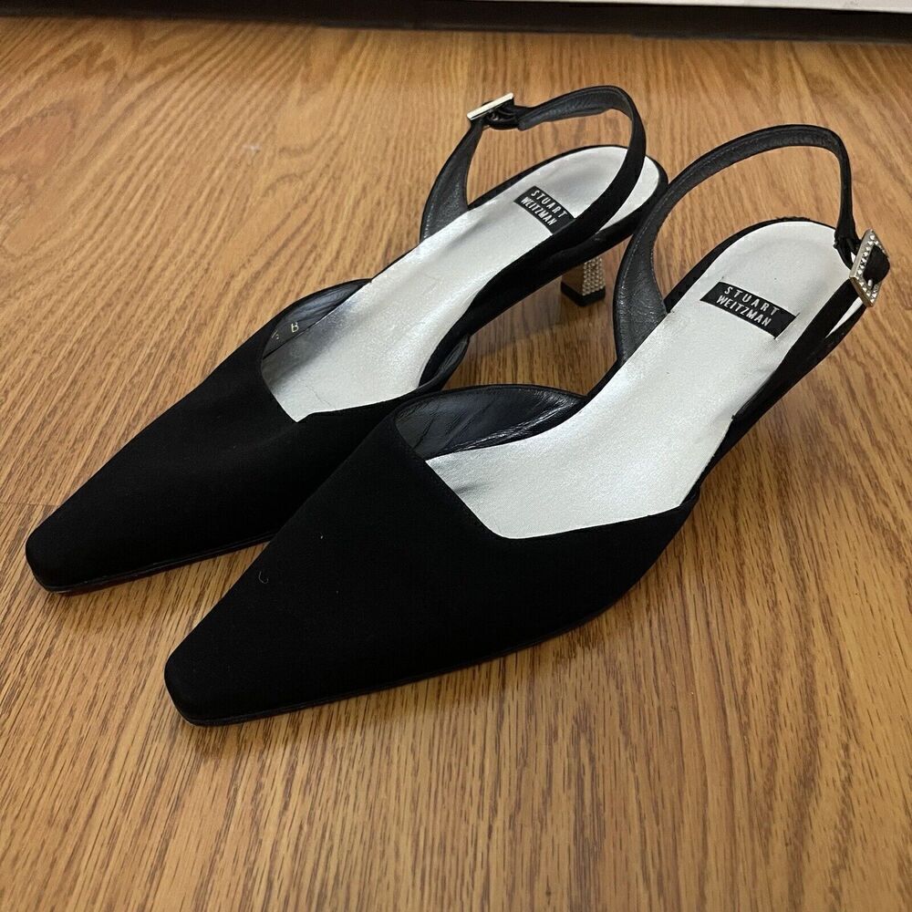Stuart weitzman black rhinestone kitten slingback point heel evening wear US 6.5